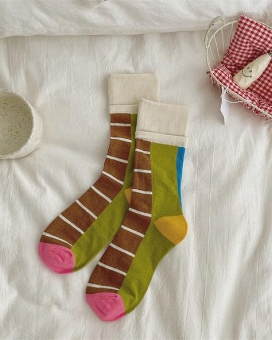 Color Block Crew Socks for Men and Women - Striped Cotton Casual Socks, Unisex Couple