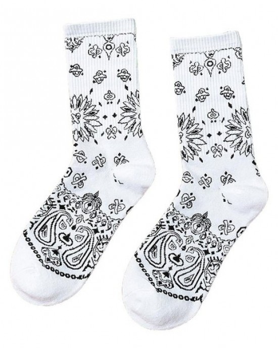 Women Men Ethnic Paisley Floral Print Crew Socks Harajuku Hip Hop Black White Street