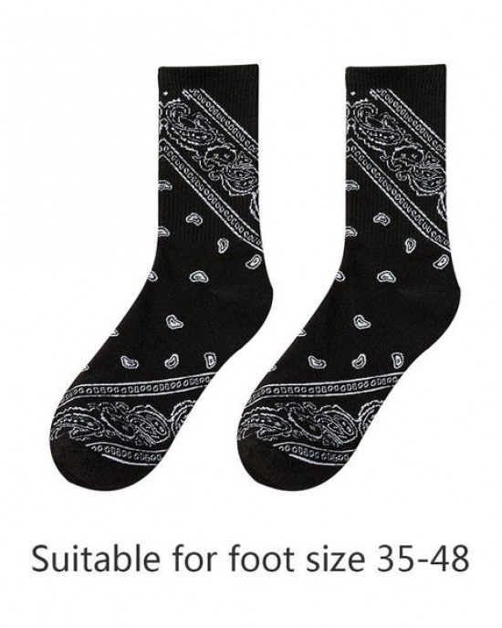 Women Men Ethnic Paisley Floral Print Crew Socks Harajuku Hip Hop Black White Street