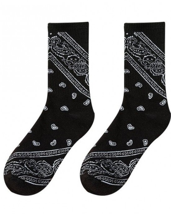 Women Men Ethnic Paisley Floral Print Crew Socks Harajuku Hip Hop Black White Street
