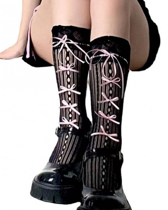 Bows Tie Stocking Hollows Lacy Bows Tie Fishnet Long Knee Length Sock for Womens