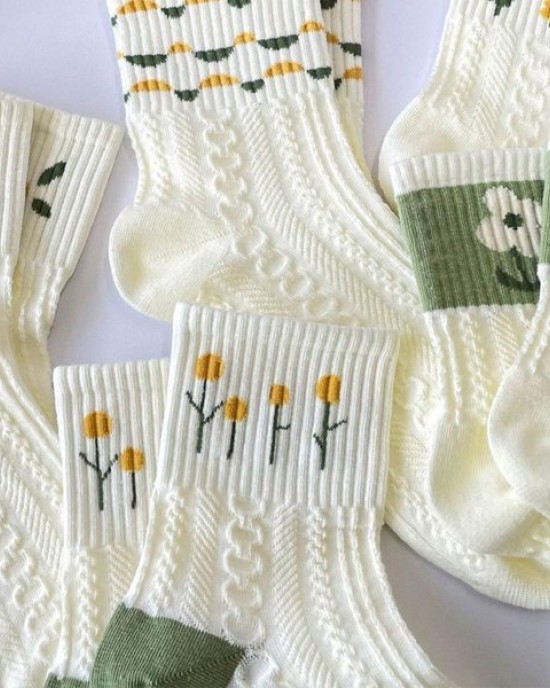5 Pairs Artistic Flower Socks Comfortabl For Workout Running Errands Cotton Sock
