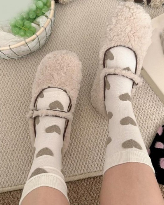 4 Pairs Womens Casual Crew Socks Elastic Fit Flocking Heart Pattern Soft Nylon Fabric