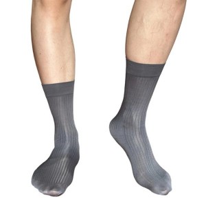 Vertical Stripe Middle Calf Business Socks For Men Soft Nylon Fabric Semi Opaque