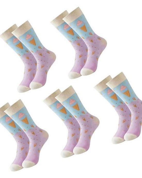 5 Pairs Stylish Cotton Middle Calf Socks for Women Trendy Ice Cream Prints Socks