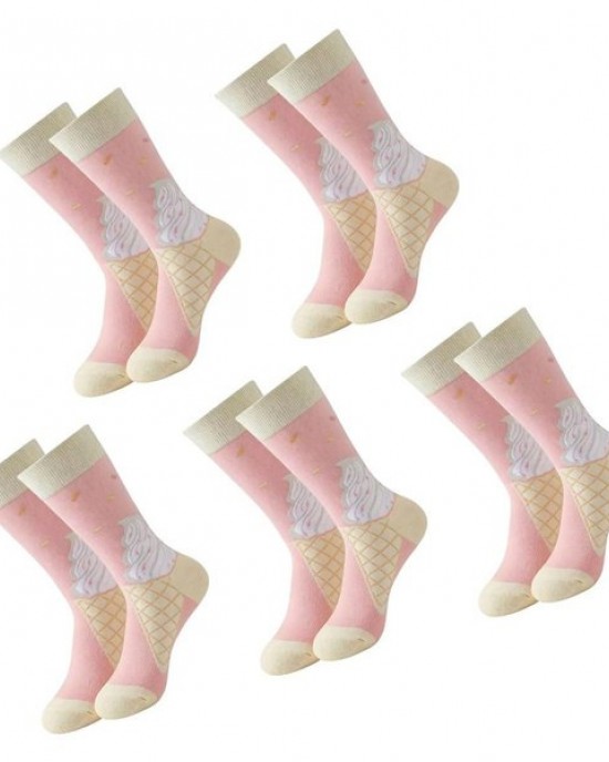 5 Pairs Stylish Cotton Middle Calf Socks for Women Trendy Ice Cream Prints Socks
