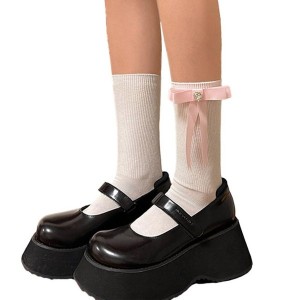 Womens Long Socks Calf Bowknot Socks Knee Socks Campus Style Girls School Socks
