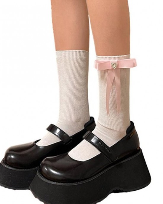 Womens Long Socks Calf Bowknot Socks Knee Socks Campus Style Girls School Socks