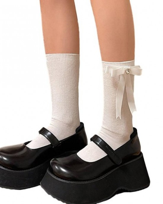 Womens Long Socks Calf Bowknot Socks Knee Socks Campus Style Girls School Socks