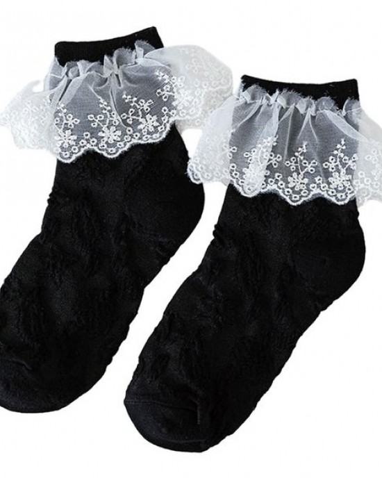 Women JK Cotton Crew Socks Sweet Ruffle Lace Trim Jacquard Knit Frilly Socks