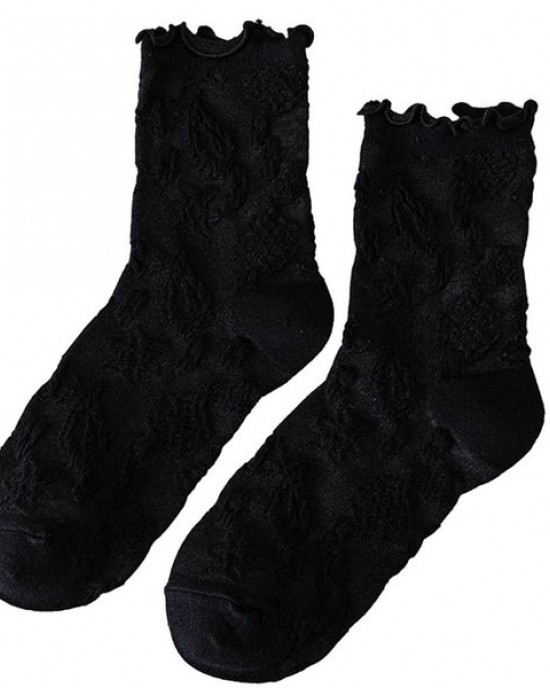 Women JK Cotton Crew Socks Sweet Ruffle Lace Trim Jacquard Knit Frilly Socks