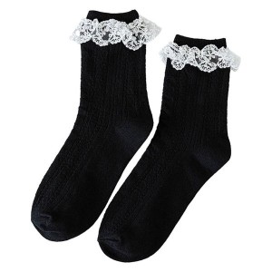 Women JK Cotton Crew Socks Sweet Ruffle Lace Trim Jacquard Knit Frilly Socks