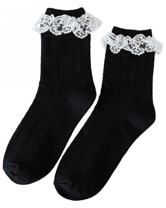 Women JK Cotton Crew Socks Sweet Ruffle Lace Trim Jacquard Knit Frilly Socks