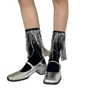 Women Harajuku Cotton Crew Sock Sequins Tassels Decorative Rib Solid Calf Sock