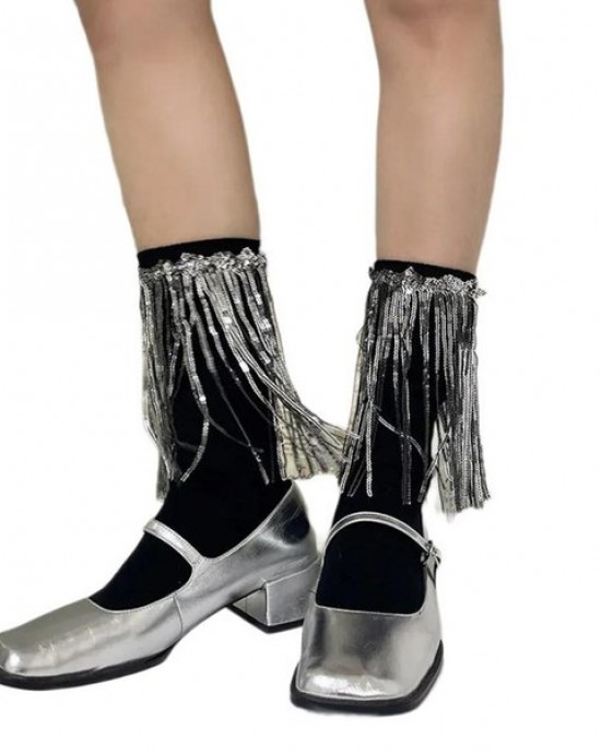 Women Harajuku Cotton Crew Sock Sequins Tassels Decorative Rib Solid Calf Sock