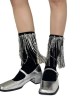 Women Harajuku Cotton Crew Sock Sequins Tassels Decorative Rib Solid Calf Sock