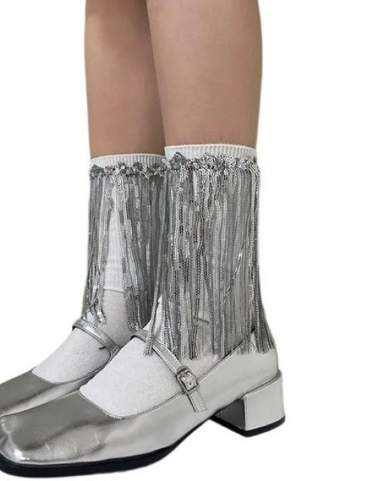 Women Harajuku Cotton Crew Sock Sequins Tassels Decorative Rib Solid Calf Sock