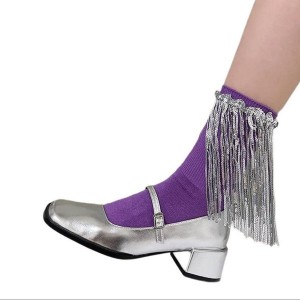 Women Harajuku Cotton Crew Sock Sequins Tassels Decorative Rib Solid Calf Sock