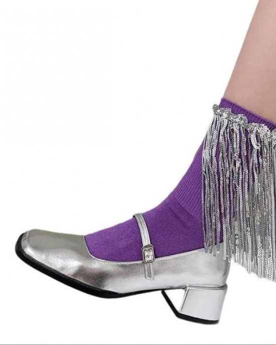 Women Harajuku Cotton Crew Sock Sequins Tassels Decorative Rib Solid Calf Sock