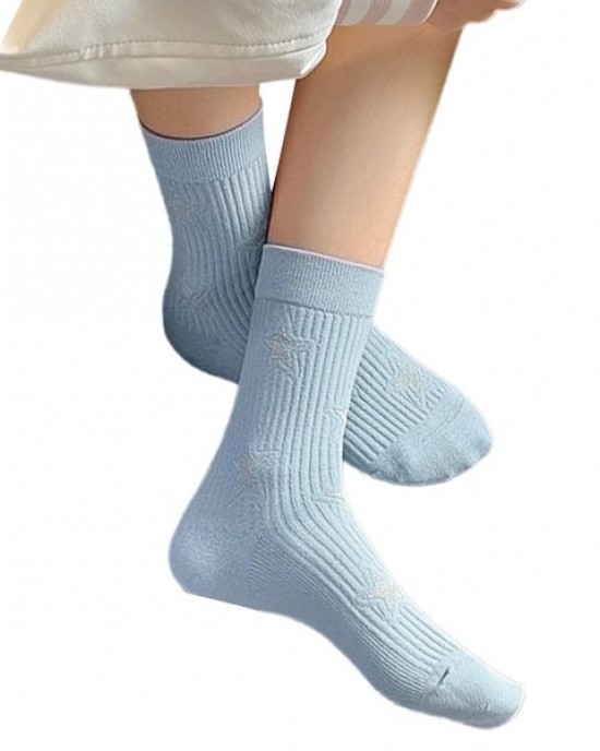 Women Cotton Middle Calf Socks Harajuku College Style Star Pattern Crew Socks