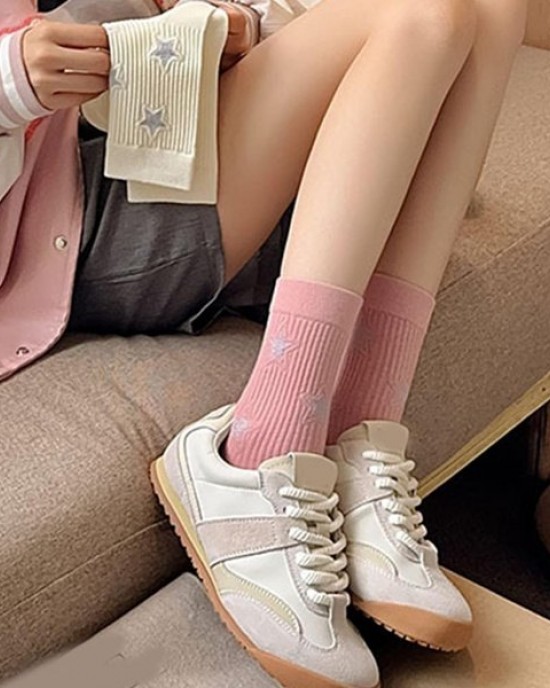 Women Cotton Middle Calf Socks Harajuku College Style Star Pattern Crew Socks